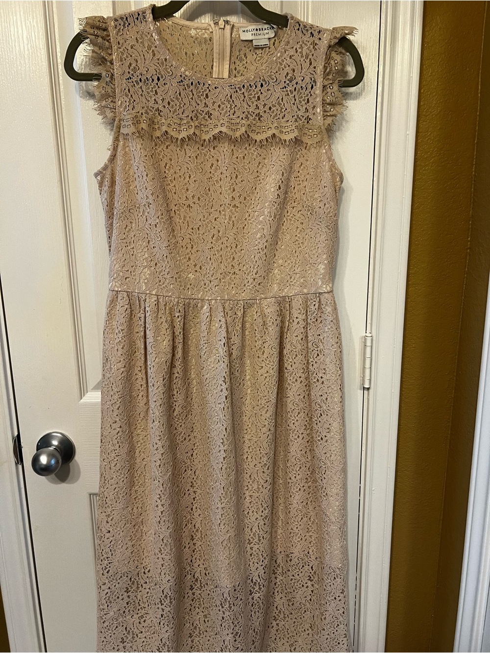 Molly Bracken Premium Lace Midi Dress Blush Nude Ruffle Trim Size M